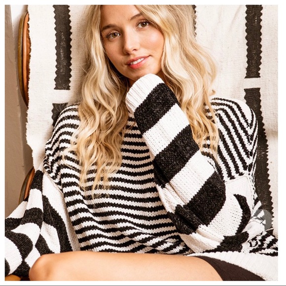 Black and off white Striped Chenille Sweaters - Picture 4 of 6